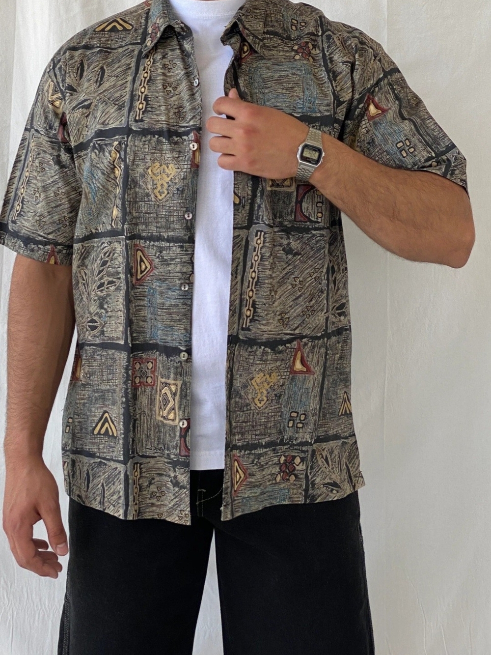 Tori Richard Short Sleeve Button-Up in Black, Tan and Blue Print